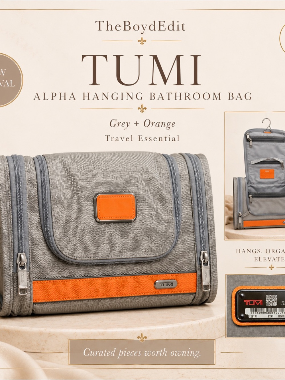 Tumi Grey and Orange Alpha Hanging Toiletry Bag